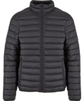 The Jackets product is a black puffer jacket featuring horizontal stitching, a front zip fastening, and a stand-up collar, shown against a plain white background.