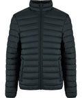 Jackets: Black quilted puffer jacket with horizontal stitching, high collar, front zip fastening, and long sleeves. No visible logos or additional decorations.