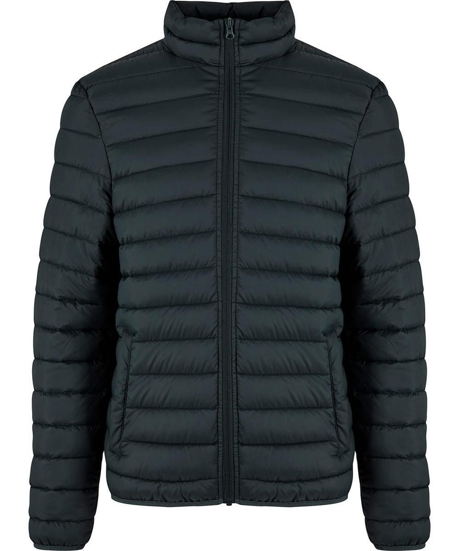 Jackets: Black quilted puffer jacket with horizontal stitching, high collar, front zip fastening, and long sleeves. No visible logos or additional decorations.