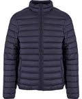 The Jackets product is a navy blue, lightweight and insulated quilted puffer jacket with horizontal stitching, long sleeves, a high collar, and a front zip fastening.