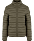 A front view of an olive green jacket puffer with a quilted design, zip fastening, and stand-up collar, laid flat on a white background.