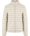 A lightweight light beige puffer jacket with horizontal quilting, high collar, and front zip fastening. No visible logos or branding.