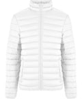 A front view of the white jackets with a stand-up collar, zip fastening, two side pockets, and horizontal quilted stitching. No visible logos or branding.