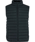 The Gilets & Body Warmers is a black, sleeveless padded gilet with horizontal quilting, a stand-up collar, front zip fastening, two side pockets, and a minimalist design.