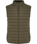 The Gilets & Body Warmers is a sleeveless olive green puffer gilet featuring horizontal quilting, a high collar, and front zip fastening. It showcases a minimalist design with no visible branding.