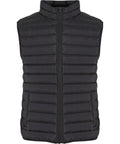 Gilets & Bodywarmers: Black quilted puffer gilet with a high collar and front zip, horizontal stitching, and a minimalist design. Shown on a plain white background. No visible branding or extra features.