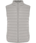 The Gilets & Body Warmers is a light grey, sleeveless quilted puffer gilet with horizontal stitching, high collar, and front zip, shown on a plain white background.