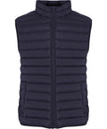 The Gilets & Body Warmers navy blue puffer gilet features horizontal stitching, a high collar, a front zip fastening, and a sleeveless, solid colour design.
