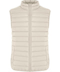 The Gilets & Bodywarmers is a sleeveless, light beige padded gilet featuring horizontal quilting, a stand-up collar, and a front zip fastening. Lightweight and ideal for layering.