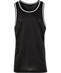 A black sleeveless vest with mesh fabric and white trim on the neckline and armholes, shown against a white background.