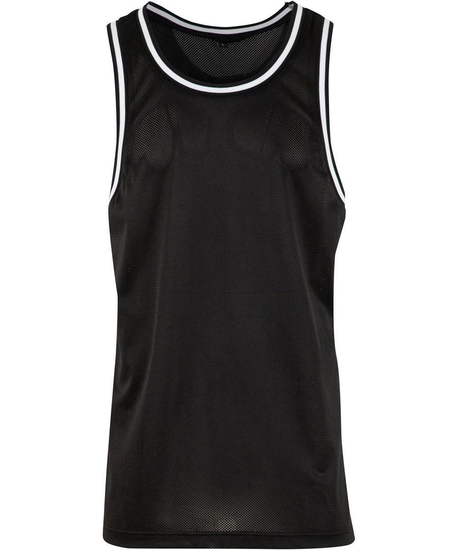 A black sleeveless vest with mesh fabric and white trim on the neckline and armholes, shown against a white background.