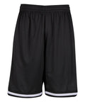 Shorts: Black athletic shorts featuring an elasticated waistband and white stripes at the bottom of each leg, shown on a plain white background.