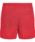 A pair of plain red shorts with an elasticated waistband, displayed from the back on a white background.