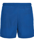 A pair of plain blue shorts with an elasticated waistband, displayed from the back on a white background.