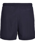 A pair of navy blue shorts with an elasticated waistband, shown from the back against a white background.