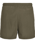 Olive green shorts with an elasticated waistband, shown from the back on a plain white background. These athletic shorts feature a minimalist design with no logos or patterns.