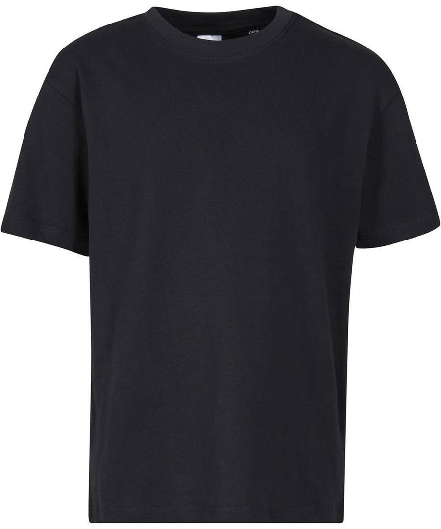 The image features a Kids oversized tee by New Morning Studios. This short-sleeve, crew neck shirt is plain black with a classic, minimalist design and no visible logos or decorations, displayed against a white background.