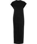 A black ankle-length, short-sleeve "Dresses" item with a crew neckline, straight loose fit, and no visible patterns or embellishments, displayed against a white background.