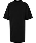 A plain black short-sleeve dress with a crew neck is displayed on a white background. The dress has a loose fit and features no visible logos or designs.