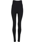 Black high-waisted, full-length leggings shown on a white background.