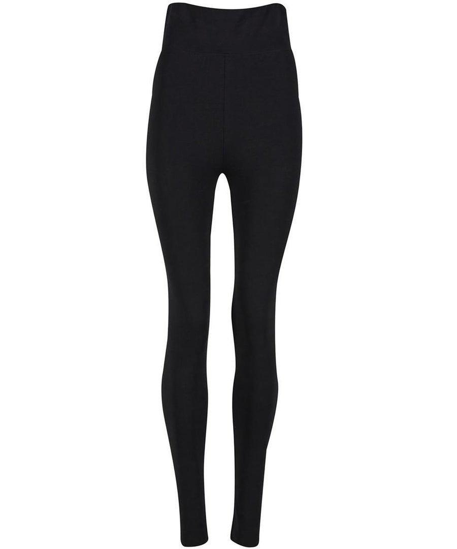 Black high-waisted, full-length leggings shown on a white background.