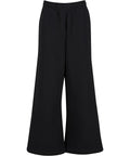 Black tracksuit bottoms with a wide-leg, loose fit and elasticated waistband, crafted from soft, flowing fabric. Features a straight hem and shown against a plain white background.