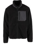 The Fleece is a black jacket with a high collar, full front zip, zipped chest pocket in contrasting material, and a textured sherpa-like finish.