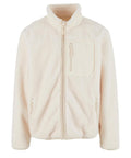 The Fleece is a cream-coloured jacket featuring a full front zip, high collar, two zipped side pockets, and a zipped left chest pocket.