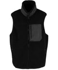 The Gilets & Body Warmers gilet is black, sleeveless, and textured, featuring a high collar, front zip fastening, two side pockets, and a contrasting material zipped chest pocket.