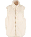 The Gilets & Body Warmers is a cream sleeveless sherpa fleece gilet with a stand-up collar, front zip, chest zip pocket, and two side pockets.