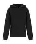 The Kids basic hoodie by New Morning Studios is a plain black sweatshirt with long sleeves, ribbed cuffs and hem, and a front kangaroo pocket, shown against a white background.