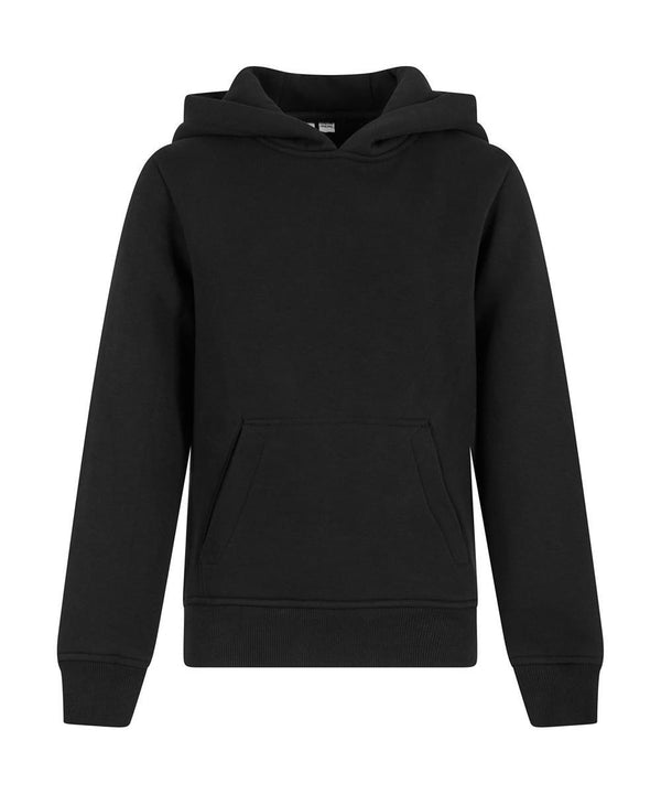 The Kids basic hoodie by New Morning Studios is a plain black sweatshirt with long sleeves, ribbed cuffs and hem, and a front kangaroo pocket, shown against a white background.