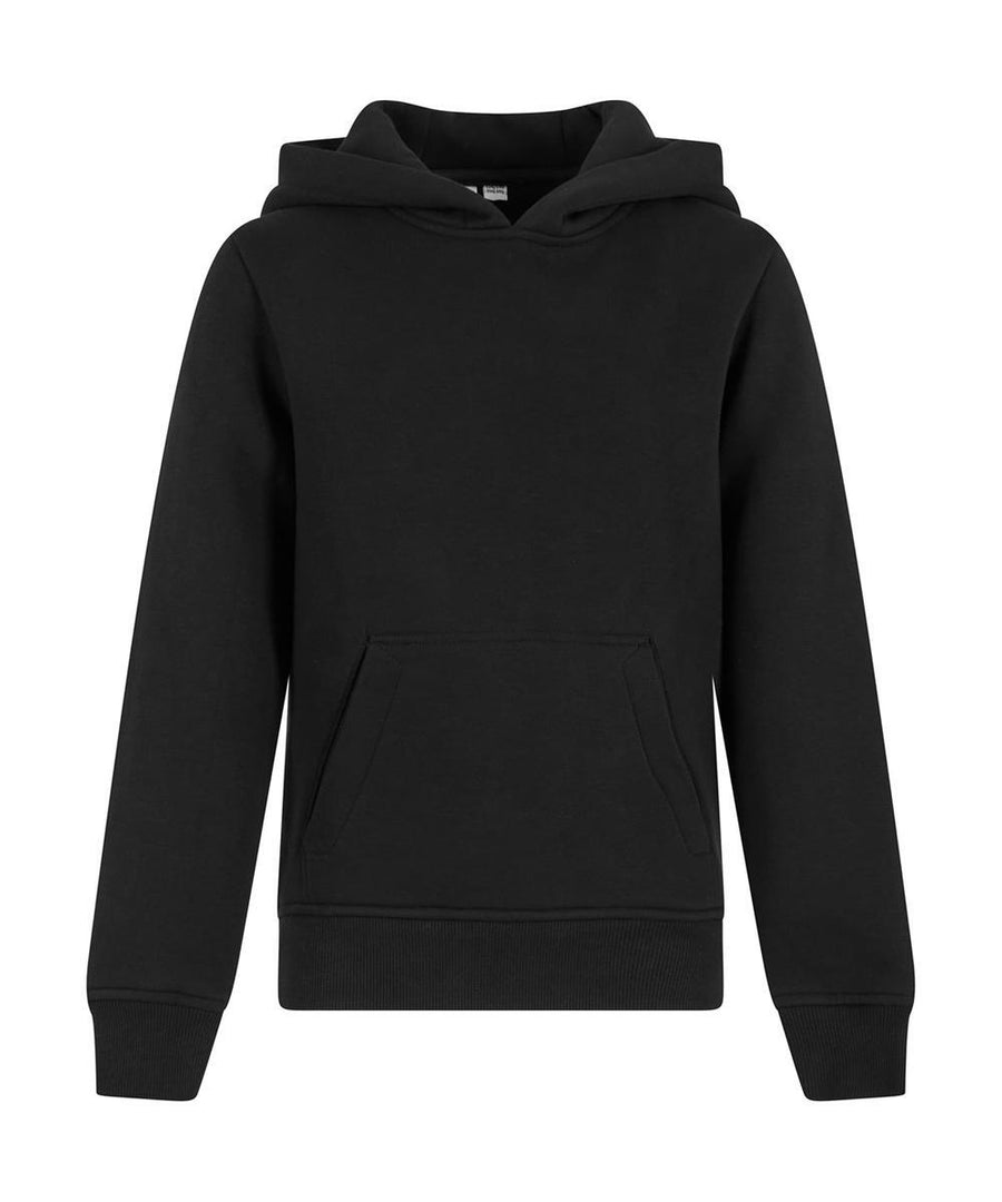 The Kids basic hoodie by New Morning Studios is a plain black sweatshirt with long sleeves, ribbed cuffs and hem, and a front kangaroo pocket, shown against a white background.