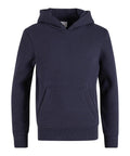 A plain, dark navy blue "Hoodies" sweatshirt with a hood, front pouch pocket, ribbed cuffs and hem, shown on a white background.