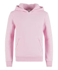 A light pink hoodie with long sleeves, ribbed cuffs and hem, front pocket, and hood is displayed on a white background.