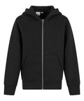 The Hoodies product is a plain black zip-up hoodie featuring a front zip, two side pockets, ribbed cuffs and hem, and an attached hood, shown against a white background.