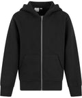 The Kids Oversized Hoodie by New Morning Studios is a plain black zip-up with a hood, front zip, two front pockets, and ribbed cuffs and hem, shown against a white background.