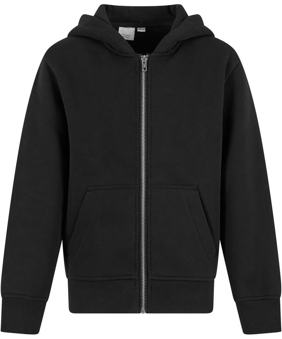 The Kids Oversized Hoodie by New Morning Studios is a plain black zip-up with a hood, front zip, two front pockets, and ribbed cuffs and hem, shown against a white background.