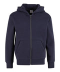A hoodie product in navy blue, featuring a front zip, two front pockets, ribbed cuffs and waistband, and an attached hood is shown on a plain white background.