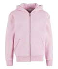 The Hoodies product is a light pink zip-up hoodie featuring a hood, long sleeves, two front pockets, and ribbed cuffs and hem, shown on a plain white background.