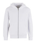 The Hoodies features a plain white design with a front zip, two front pockets, ribbed cuffs and hem, and a hood. Displayed on a white background.