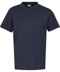 A navy blue short-sleeve T-shirt is shown on a white background, featuring a crew neckline with no logos, patterns, or designs.