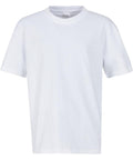 A plain white short-sleeve crew neck T-shirt is shown on a white background, featuring no visible logos, patterns, or designs.