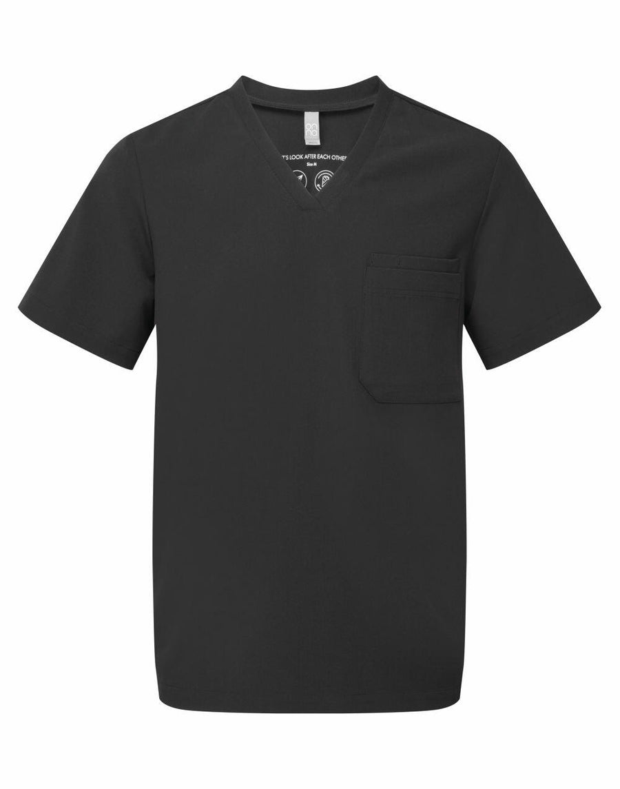 Onna by Premier's NN200 is a black V-neck short-sleeved scrub top featuring a chest pocket, displayed against a white background.
