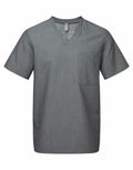 The Onna by Premier NN200 scrub top in gray features a V-neck design with short sleeves and a chest pocket, showcased on a white background.