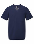 The Onna by Premier NN200 is a navy blue unisex scrub top featuring a V-neck design, short sleeves, and a chest pocket.