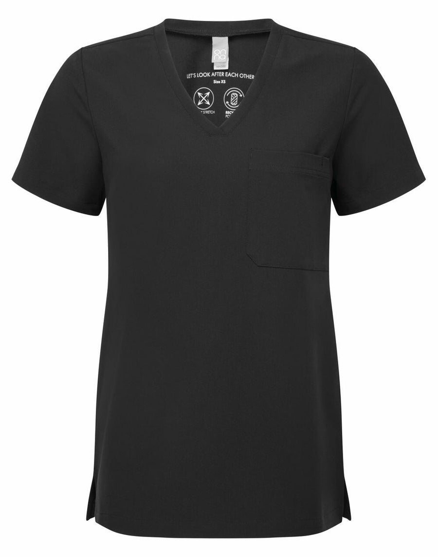 Black NN300 short-sleeve V-neck shirt with a front pocket by Onna by Premier, displayed on a white background.