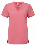 Onna by Premier's NN300: a pink short-sleeved V-neck scrub top featuring a chest pocket, showcased against a white background.