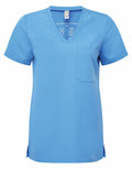 A NN300 V-neck scrub top by Onna by Premier, featuring short sleeves and a chest pocket, displayed on a white background.