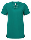 The NN300 by Onna by Premier is a green scrub top showcasing short sleeves and a V-neck collar. It includes a left chest pocket and has various care symbols on the inside collar tag.